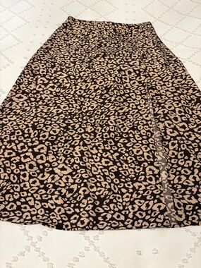 Beige and Black Leopard Print Midi Skirt